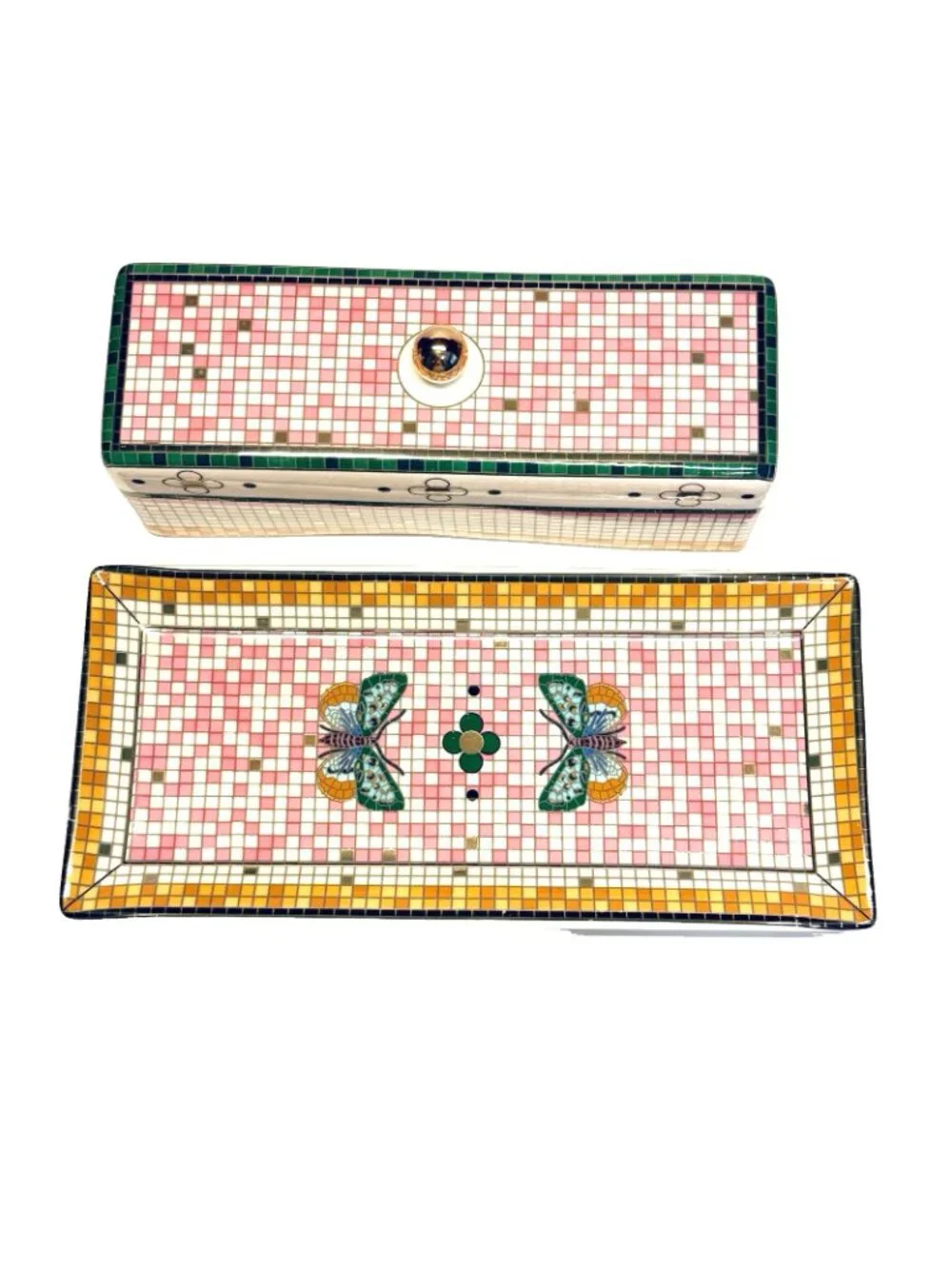 Anthropologie Bistro Garden Tile Butterfly Pink Covered Butter Dish Stoneware